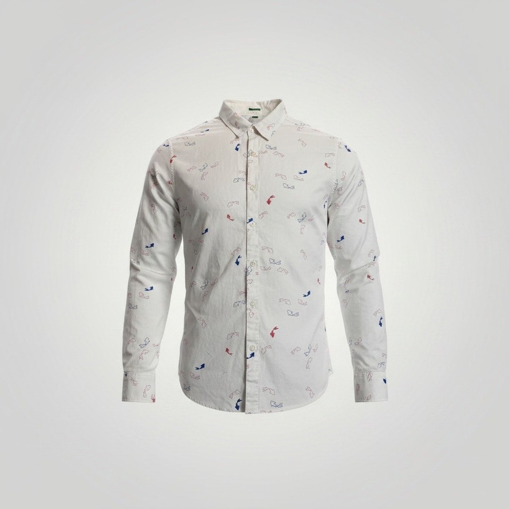 United Colors of Benetton Fish Shirt Men Medium White Button Up Beach Nautical
